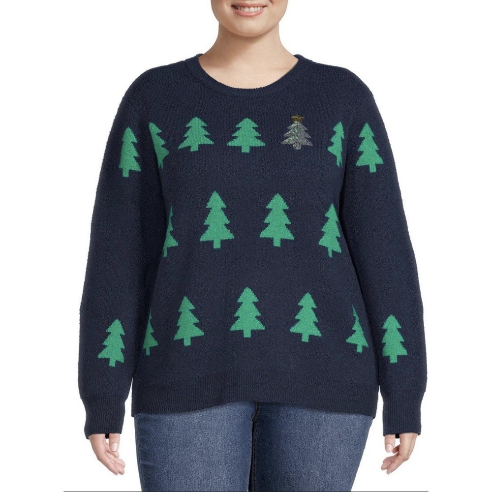 Holiday Time Navy Christmas Tree Ugly Sweater 1X (16W-18W)‎ Sequin Detail NWT
